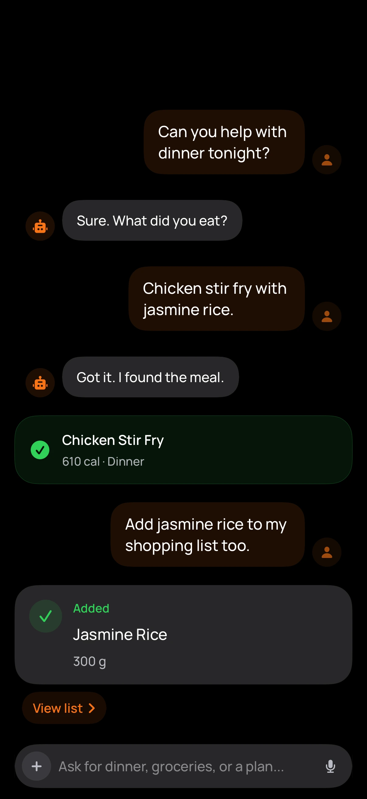 Dinner logged and groceries added — one chat